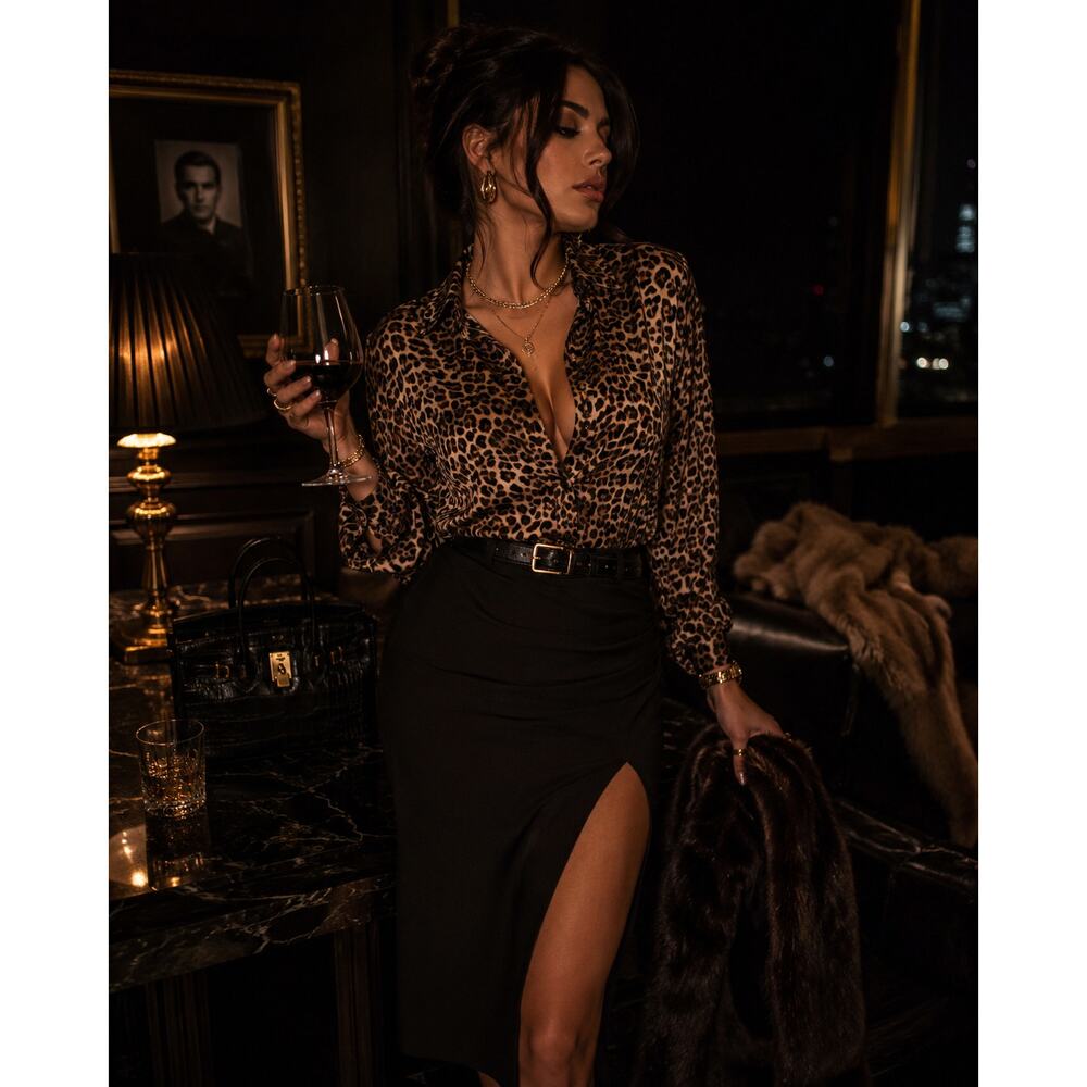 Leopard Print Button Up Blouse 1X Animal Print Mob Wife Chic Dark Fairy Gothic